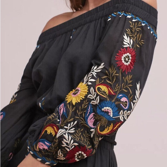 MISA black Seine Off the Shoulder floral Embroider long sleeve tassel belt Dress - Picture 4 of 9